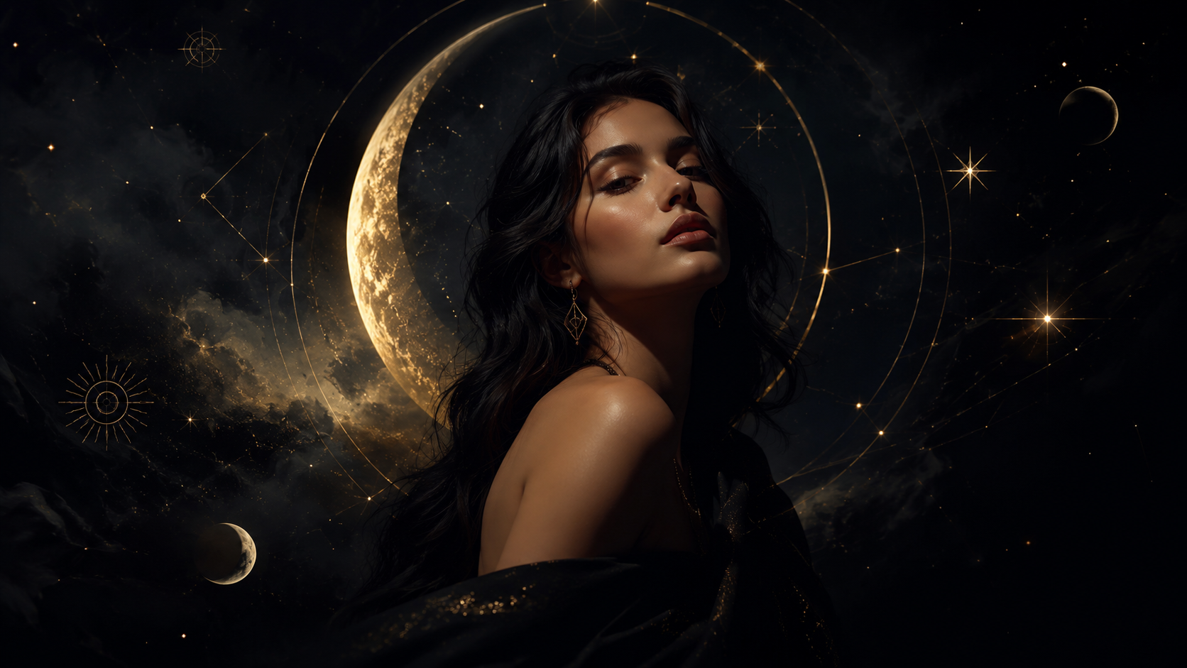 Warm cosmic editorial artwork with golden accents and a reflective astrology atmosphere